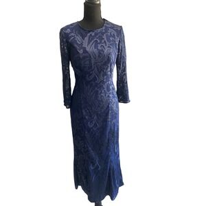 JS Collections Navy Blue Scroll Embroidered Mesh Maxi Dress 3/4 Sleeve Gown